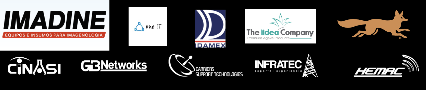 Logos de empresas clientes: IMADINE, one-IT, DAMEX, The Iidea Company, CINASI, GBNetworks, Carrigas Support Technologies, INFRATEC, HEMAC